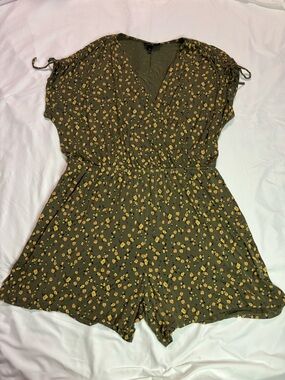 Lane Bryant Olive Green Romper with Yellow Floral Print